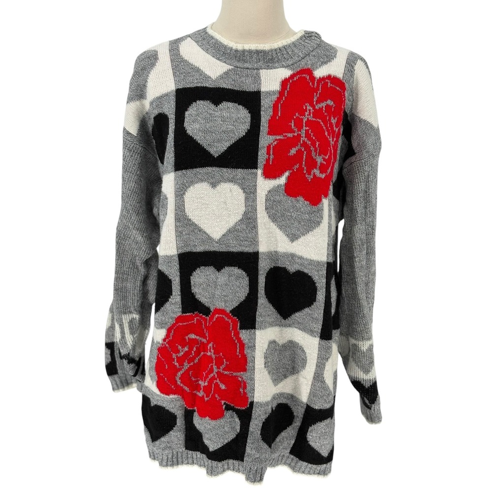 Vintage Traffic Jam Sweater Gray Heart Rose Intarsia Knit Oversized Pullover L